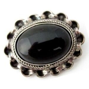 Vintage Black Onyx Glass Bezel Set Rolo Chain Trim Sterling Silver Pin*20g*925